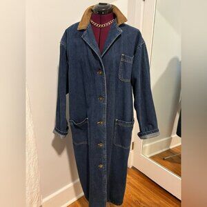 Vintage Lee Long Denim Jacket with Corduroy Collar.  Size Large.